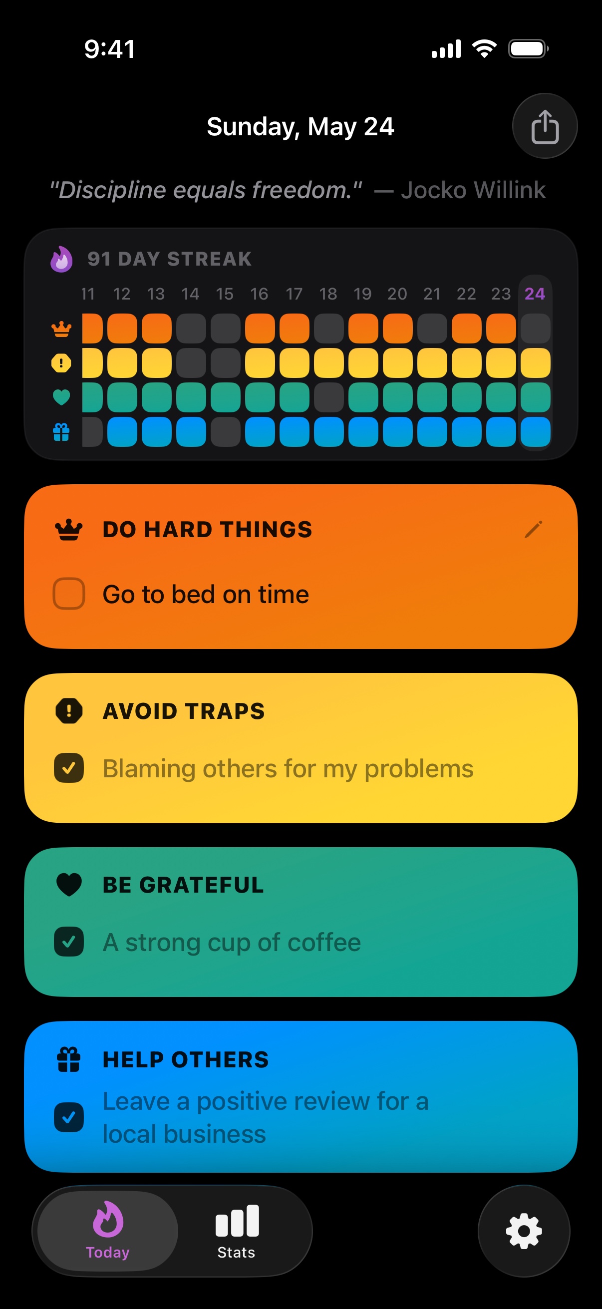 The Grit Method daily view, showing four daily intentions: do hard things, avoid traps, be grateful, help others.