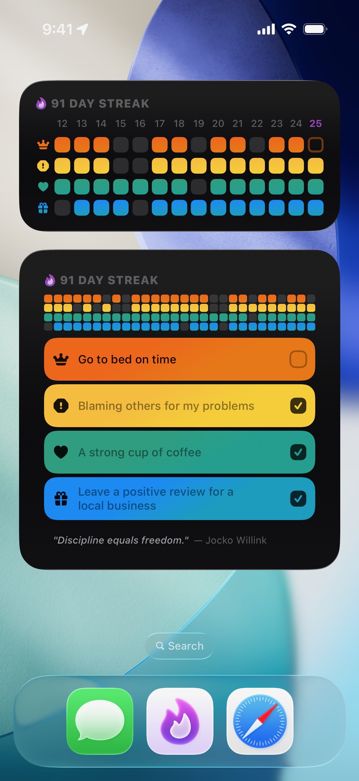 An iOS home screen with two Grit Method widgets stacked — a medium widget showing the 91-day streak grid, and a large widget showing the streak plus today's four intentions and a quote.